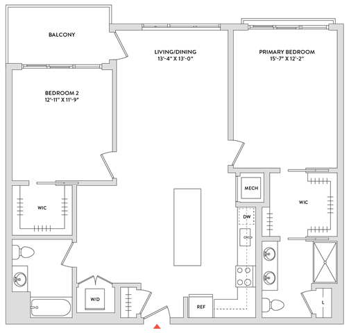 Floor Plan  A floor plan of a house with a balcony, living room, dining room, and two bedrooms.