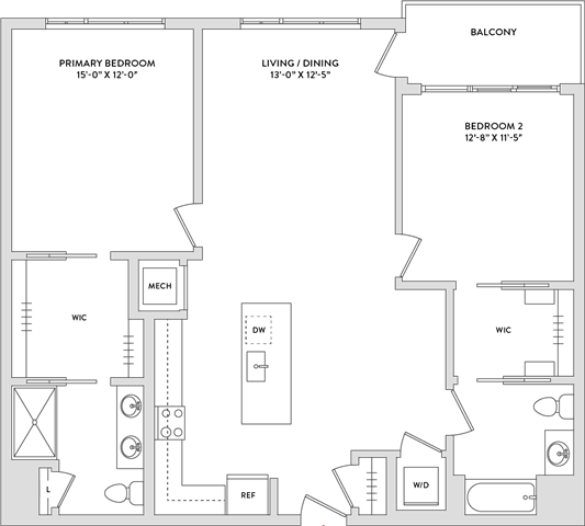 Floor Plan  A floor plan of a house with a primary bedroom, living/dining area, and a balcony.