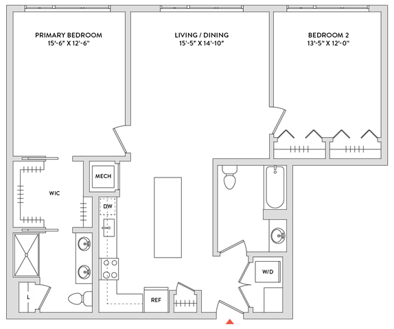 Floor Plan  A floor plan of a house with three bedrooms and a living/dining area.