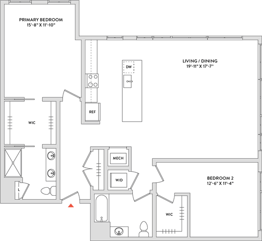 Floor Plan  A floor plan of a home with a primary bedroom, living/dining area, and two additional bedrooms.