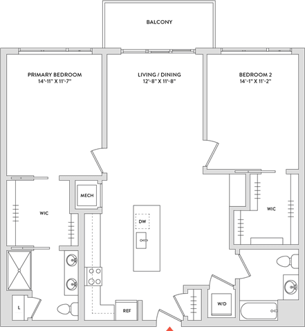 Floor Plan  A floor plan of a balcony with a primary bedroom, a living/dining area, and a second bedroom.