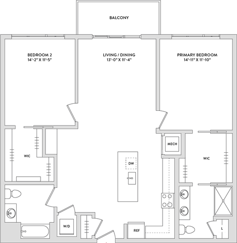 Floor Plan  A floor plan of a house with a balcony, living/dining area, and three bedrooms.