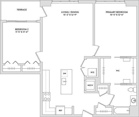 Floor Plan  A floor plan of a house with a terrace, two bedrooms, a living/dining area, and a utility room.