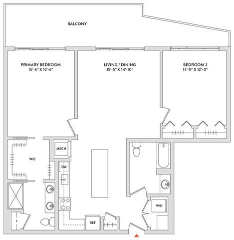Floor Plan  A floor plan of a house with a balcony, two bedrooms, a living/dining area, and a kitchen.