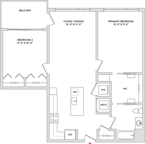 Floor Plan  A floor plan of a house with a balcony, living/dining area, two bedrooms, a study, a kitchen, and a laundry room.