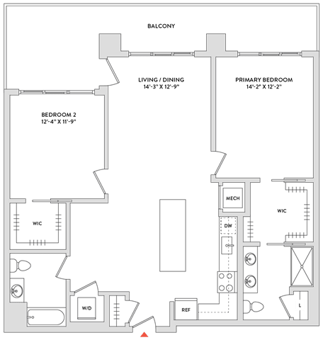 Floor Plan  A floor plan of a house with a balcony, living/dining area, and primary bedroom.