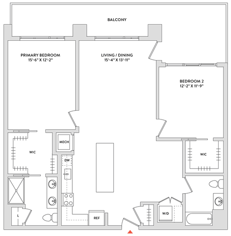 Floor Plan  A floor plan of a house with a balcony, two bedrooms, a living/dining area, and a kitchen.
