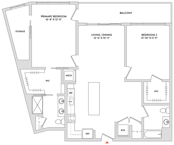 Floor Plan  A floor plan of a house with a primary bedroom, living/dining area, and two additional bedrooms.