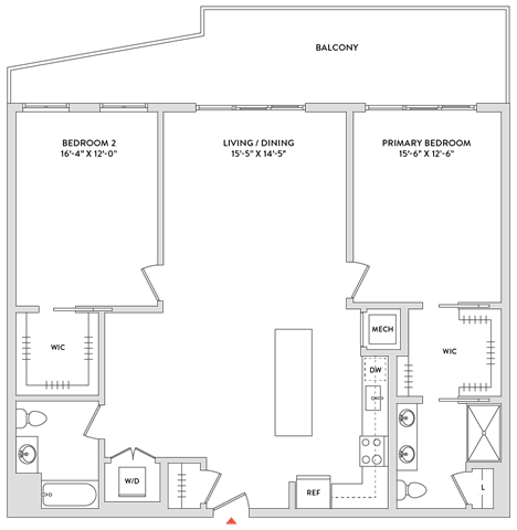Floor Plan  A floor plan of a house with a balcony, two bedrooms, a living/dining area, a primary bedroom, and a utility closet.