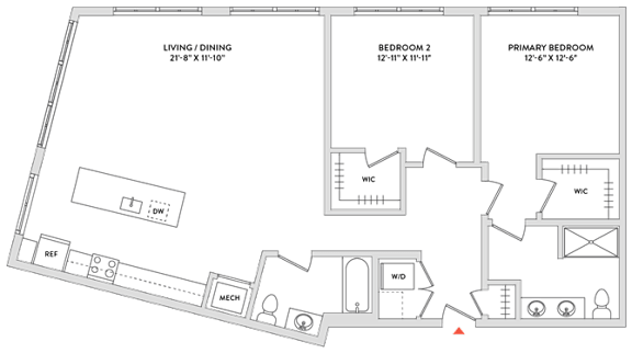 Floor Plan  A floor plan of a house with a living/dining area, two bedrooms, a bathroom, a kitchen, and a workspace.