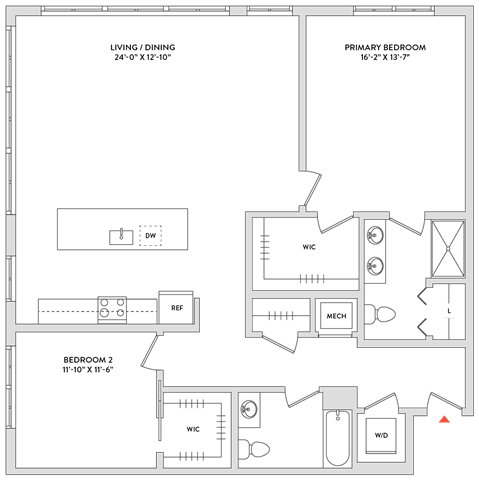Floor Plan  A floor plan of a house with a living/dining area, two bedrooms, a primary bedroom, and a bathroom.