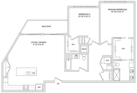 Floor Plan  A floor plan of a house with two bedrooms, a living room, a dining room, a kitchen, a bathroom, and a balcony.