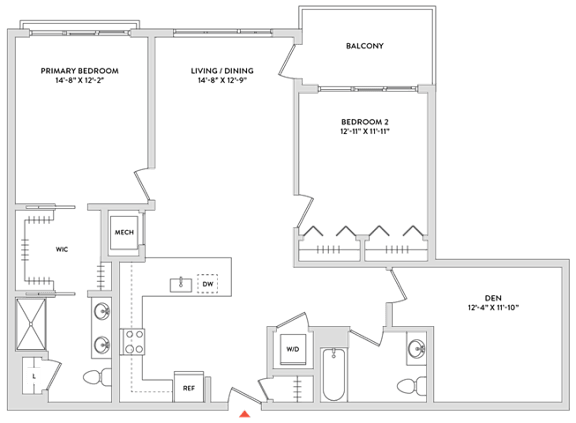 Floor Plan  A floor plan of a house with a balcony, two bedrooms, a living/dining area, a kitchen, a bathroom, and a den.