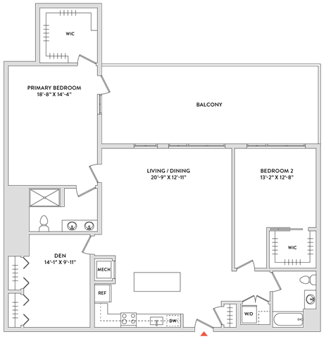 Floor Plan  A floor plan of a building with a balcony and multiple rooms labeled.