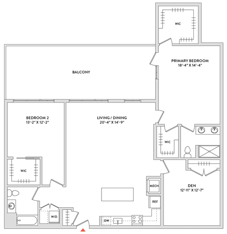 Floor Plan  A floor plan of a house with a balcony, two bedrooms, a living room, and a primary bedroom.