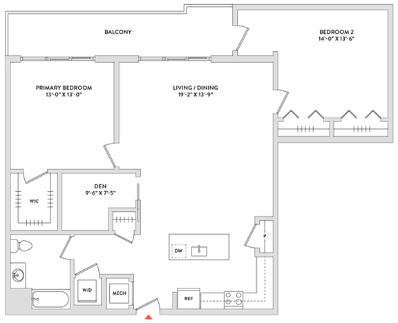 Floor Plan  A floor plan of a house with a balcony, two bedrooms, a den, a living/dining area, and a kitchen.