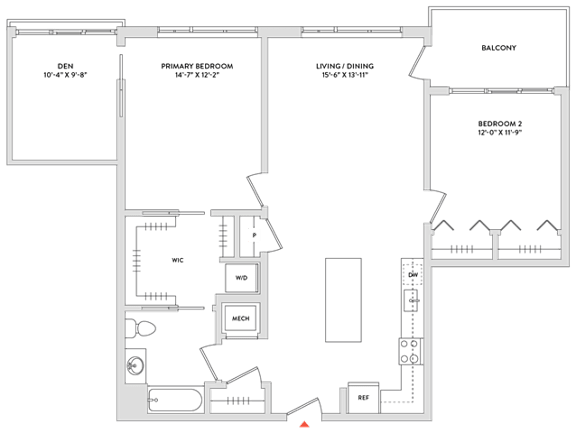 Floor Plan  A floor plan of a house with labeled rooms such as "DEN," "PRIMARY BEDROOM," and "BALCONY."