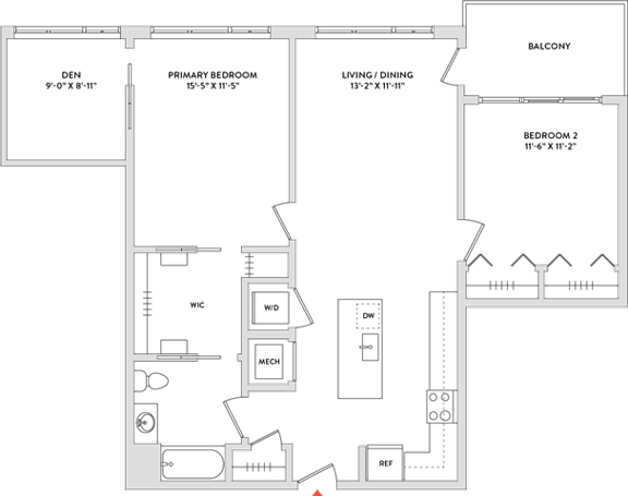 Floor Plan  A floor plan of a house with a balcony, two bedrooms, a living/dining area, and a kitchen.
