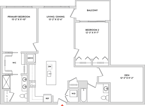 Floor Plan  A floor plan of a house with a balcony, two bedrooms, a living/dining area, a den, a study, a laundry room, and a garage.