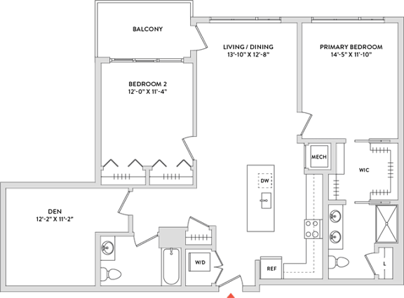 Floor Plan  A floor plan of a house with a balcony, living/dining area, two bedrooms, a den, and a workspace.
