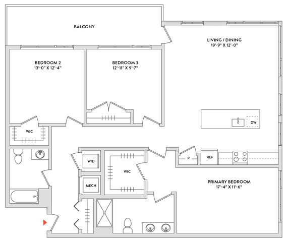 Floor Plan  A floor plan of a house with a balcony, living/dining area, and three bedrooms.