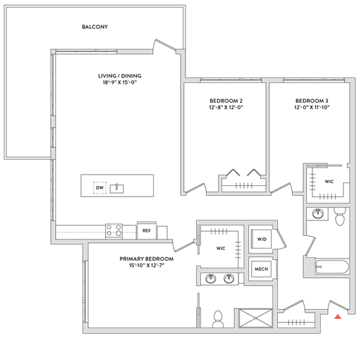 Floor Plan  A floor plan of a house with a balcony and three bedrooms.