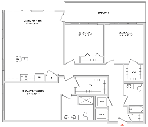 Floor Plan  A floor plan of a house with a living room, dining room, and two bedrooms.