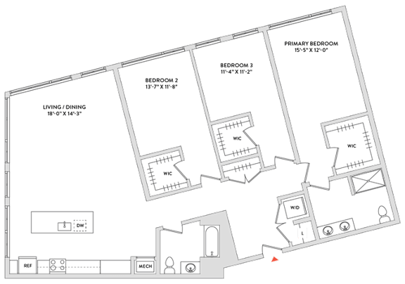 Floor Plan  A floor plan of a house with three bedrooms and a living/dining area.