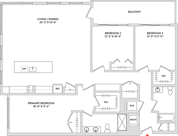 Floor Plan  A floor plan of a house with a living room, dining room, kitchen, and two bedrooms.