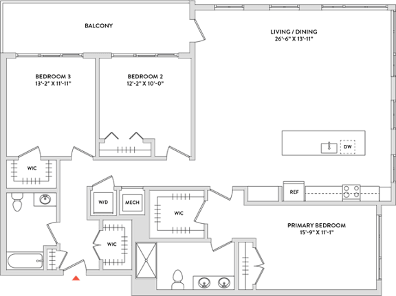 Floor Plan  A floor plan of a house with a balcony, living/dining area, and three bedrooms.