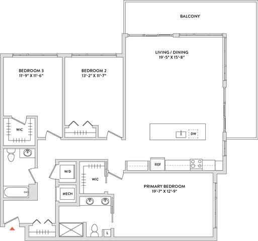 Floor Plan  A floor plan of a house with a balcony, living/dining area, and three bedrooms.
