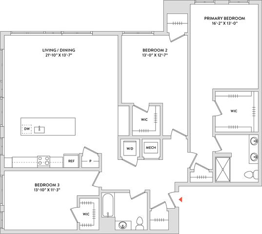 Floor Plan  A floor plan of a house with three bedrooms and a living/dining area.