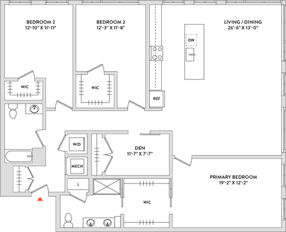 Floor Plan  A floor plan of a house with two bedrooms, a den, a living/dining area, a kitchen, a primary bedroom, a workout room, and a laundry room.