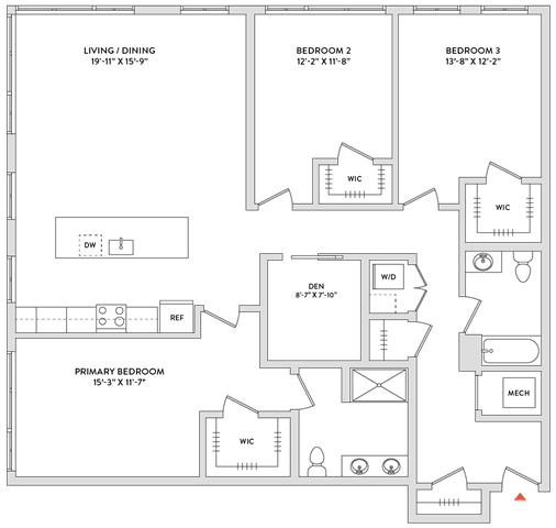 Floor Plan  A floor plan of a house with a living/dining area, two bedrooms, and a bathroom.