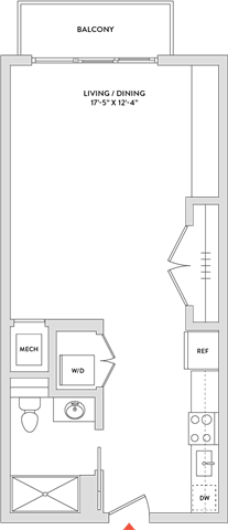 Floor Plan  A floor plan of a house with a balcony and a living/dining area.