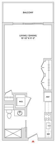 Floor Plan  A floor plan of a saloon with a living/dining area and a kitchen.