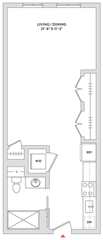 Floor Plan  A floor plan of a living and dining area that is 27 feet by 14 feet.