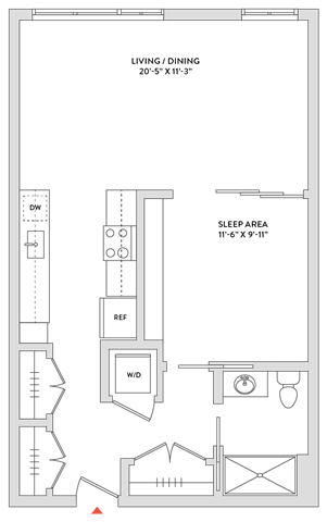 Floor Plan  A floor plan of a living and dining area with a sleeping area.