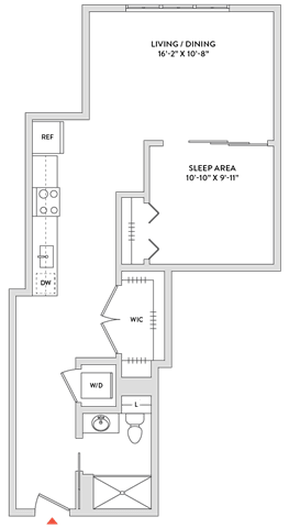 Floor Plan  A floor plan of a living and dining area with a sleeping area.