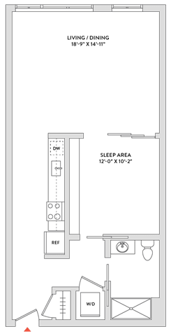 Floor Plan  A floor plan of a living/dining area with a sleeping area and a kitchen.
