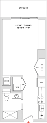 Floor Plan  A floor plan of a balcony with living and dining areas.