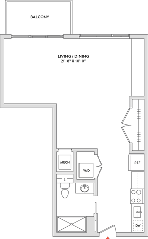 Floor Plan  A floor plan of a building with a balcony and a living/dining area of 24'x10'.