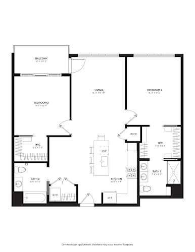 Floor Plan  large two bedroom home, private balcony, built in closets, gourmet kitchen