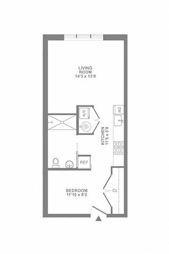 Floor Plan  A floor plan of a small apartment with a living room, kitchen, and bedroom.