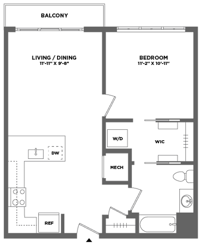 Floor Plan  Luxury spacious one bedroom apartment home, washer dryer in home, walk in closet, stainless steel appliances, gourmet kitchen