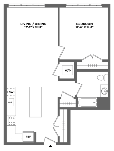 Floor Plan  spacious one bedroom luxury apartment, full size washer/dryer, stainless steel appliances, hardwood floors, oversized windows, custom closets