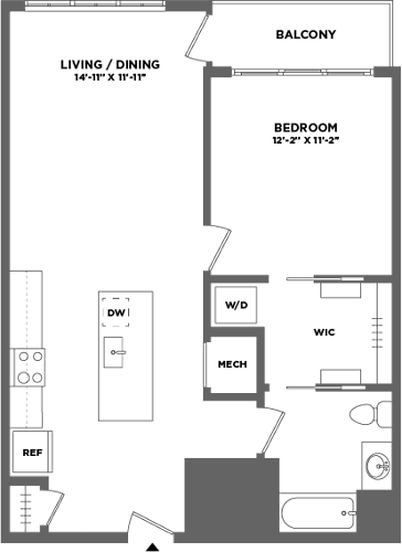 Floor Plan  A floor plan of a small apartment with a living room, dining room, bedroom, and bathroom.