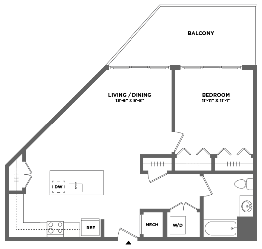 Floor Plan  spacious one bedroom luxury apartment with balcony, full size washer dryer, walk in closet, stainless steel appliances, stone countertops