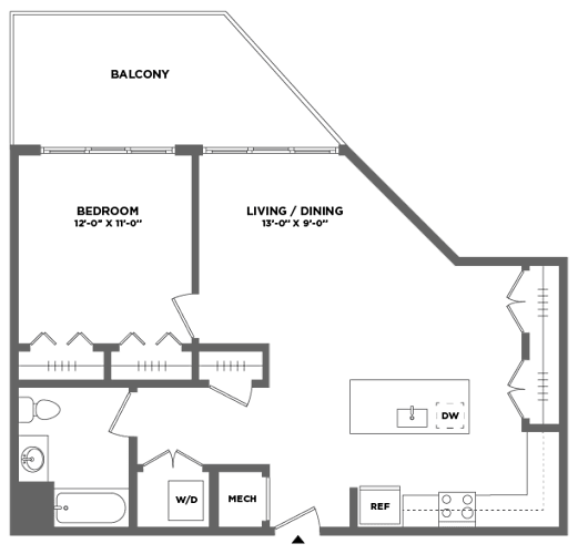 Floor Plan  Spacious one bedroom luxury apartment, private balcony, washer dryer in home, stainless steel appliances, large closets