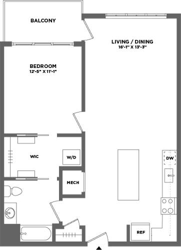 Floor Plan  A floor plan of a house with a balcony, living/dining area, and bedroom.